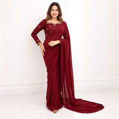 Maroon Embroided Neck & Bootie blouse Silk Saree (Ready to Wear)