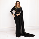 Black Embroided Neck & Bootie blouse Silk Saree (Ready to Wear)