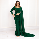 Green Embroided Neck & Bootie blouse Silk Saree (Ready to Wear)