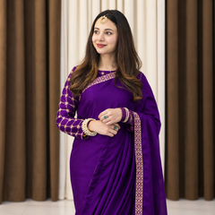 Purple Embroided blouse Shamose Silk Saree (Ready to Wear)