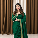 Green Embroided blouse Shamose Silk Saree (Ready to Wear)