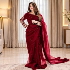 Maroon Embroided Regal Plum Silk Saree (Ready to Wear)