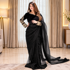Black Embroided Regal Plum Silk Saree (Ready to Wear)