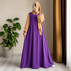 Purple Collar Flared Gathered Puff Sleeves Abaya With Dori Belt And Scarf (Ready to Wear)