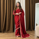Maroon Embroided blouse Shamose Silk Saree (Ready to Wear)