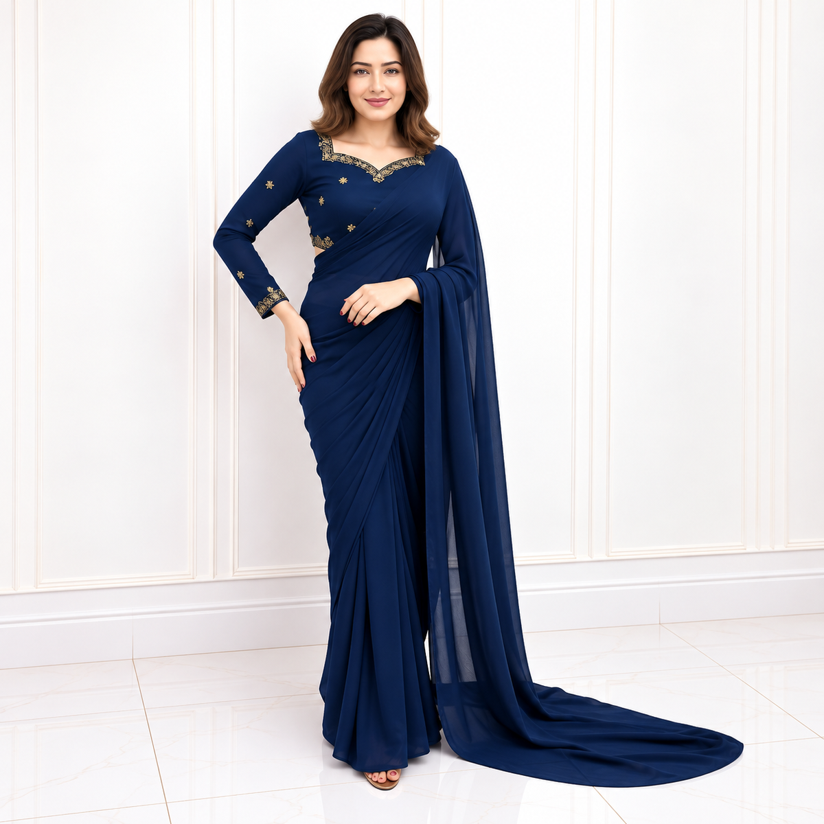 Blue Embroided Neck & Bootie blouse Silk Saree (Ready to Wear)
