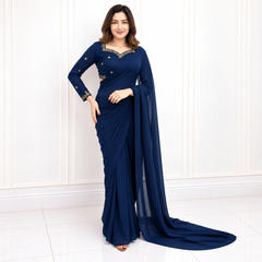 Blue Embroided Neck & Bootie blouse Silk Saree (Ready to Wear)