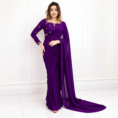 Purple Embroided Neck & Bootie blouse Silk Saree (Ready to Wear)