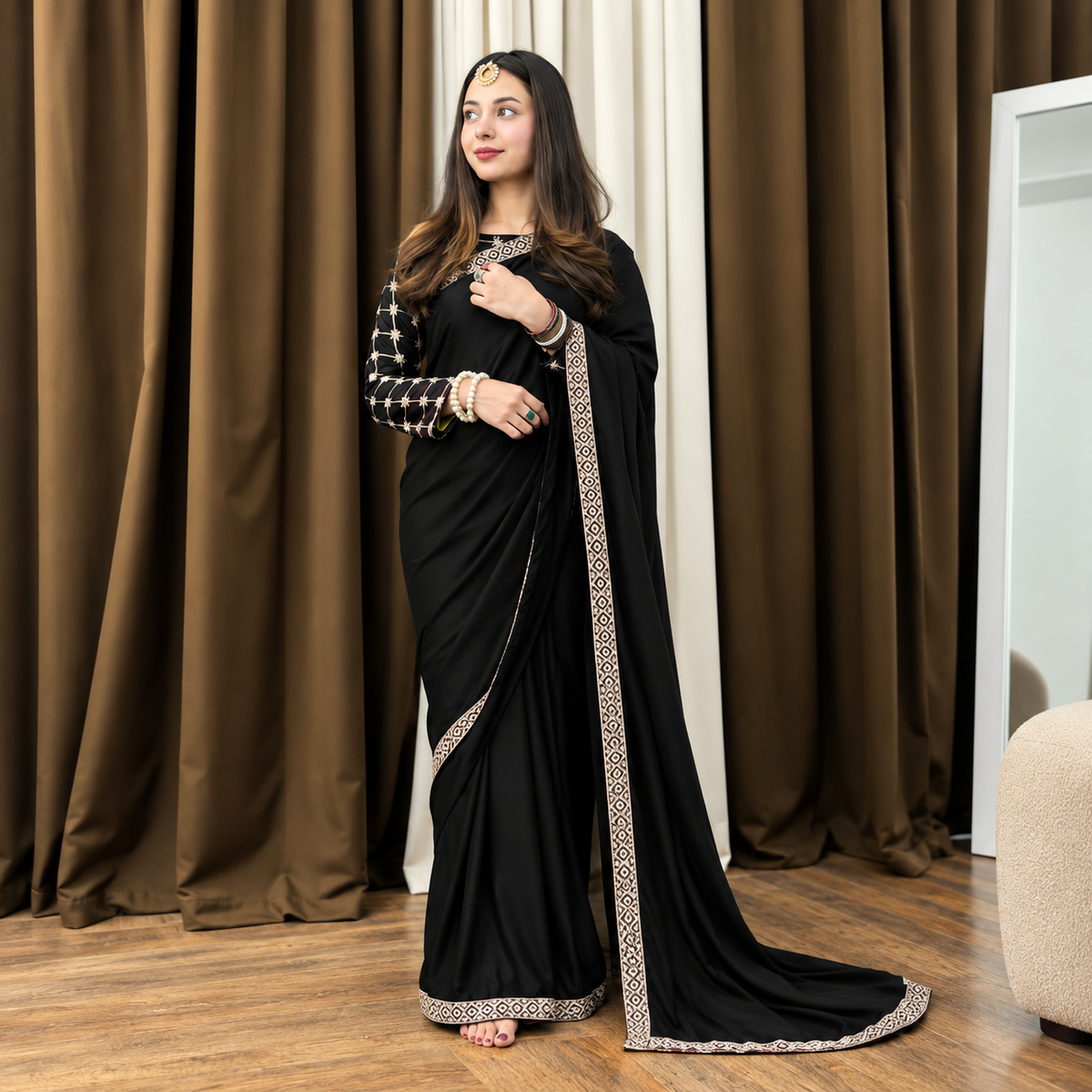 Black Embroided blouse Shamose Silk Saree (Ready to Wear)