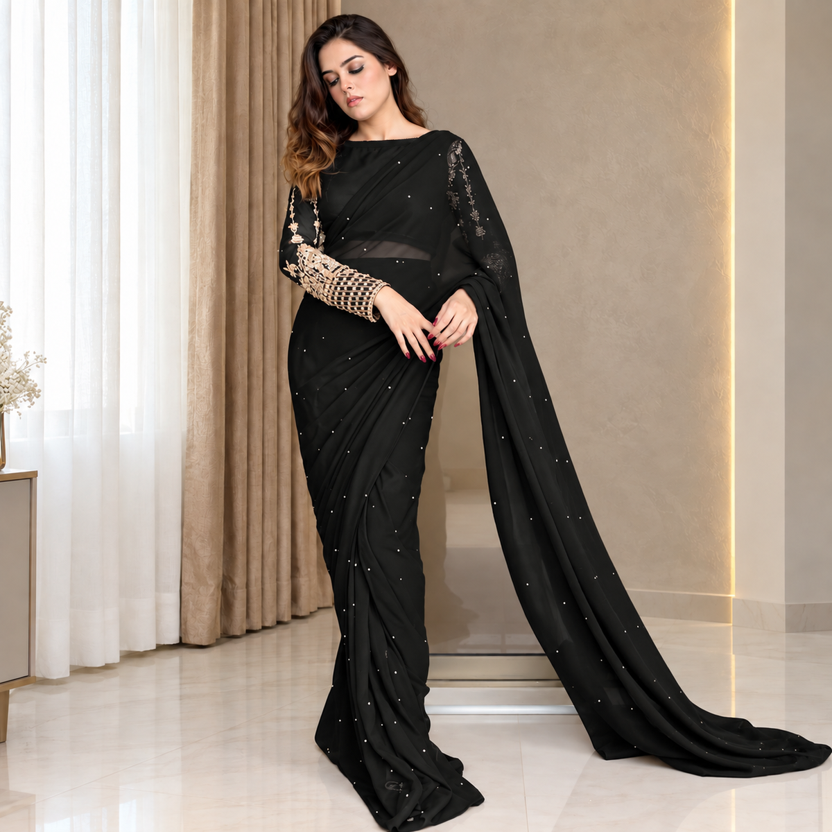 Black Soft Zaree Embroided Royale Silk Saree (Ready to Wear)