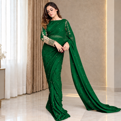 Green Soft Zaree Embroided Royale Silk Saree (Ready to Wear)