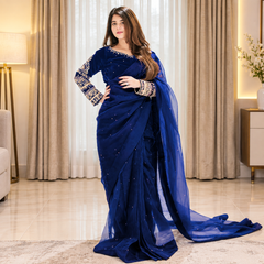 Blue Embroided Regal Plum Silk Saree (Ready to Wear)