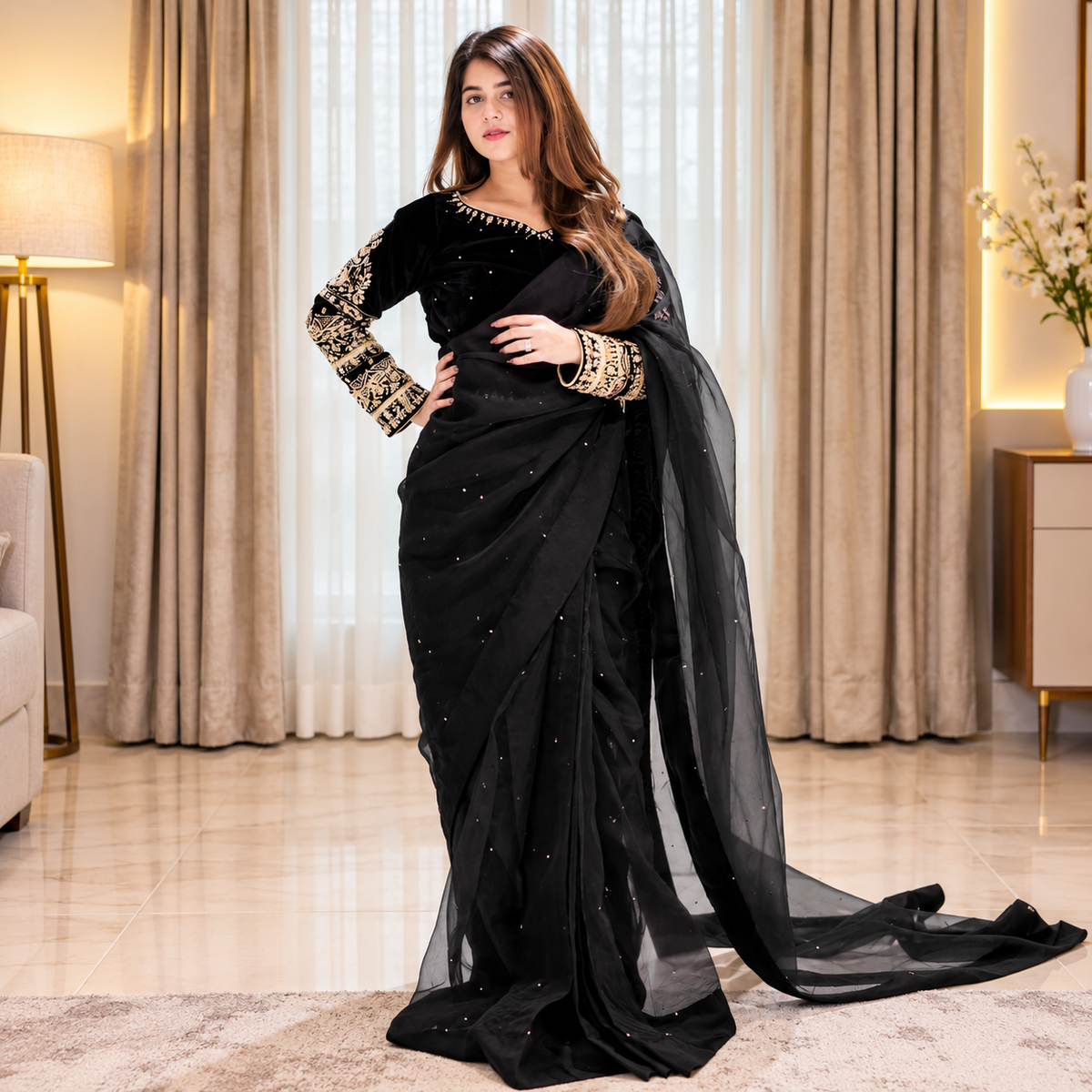 Black Embroided Regal Plum Silk Saree (Ready to Wear)