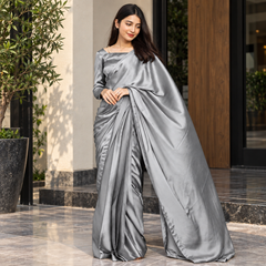 Silver Gray Amethyst Silk Saree (Ready to Wear)