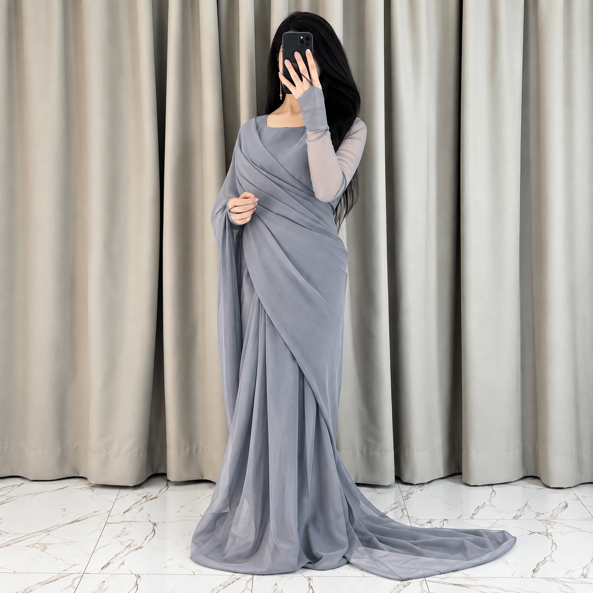 Silver Gray Majestic Saree Chiffon Saree (Ready to Wear)