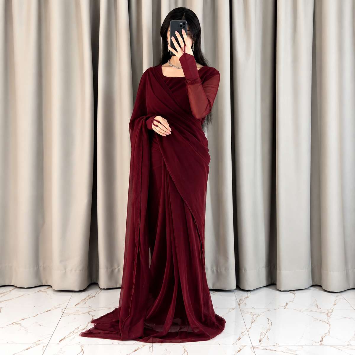 Maroon Majestic Saree Chiffon Saree (Ready to Wear)