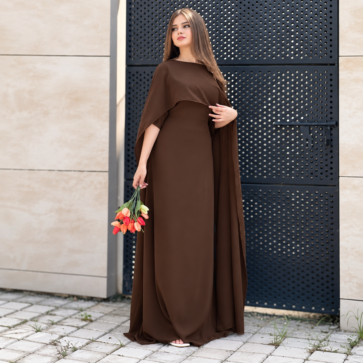 Brown Chiffon Cap Shawl Maxi Style (Ready to Wear)