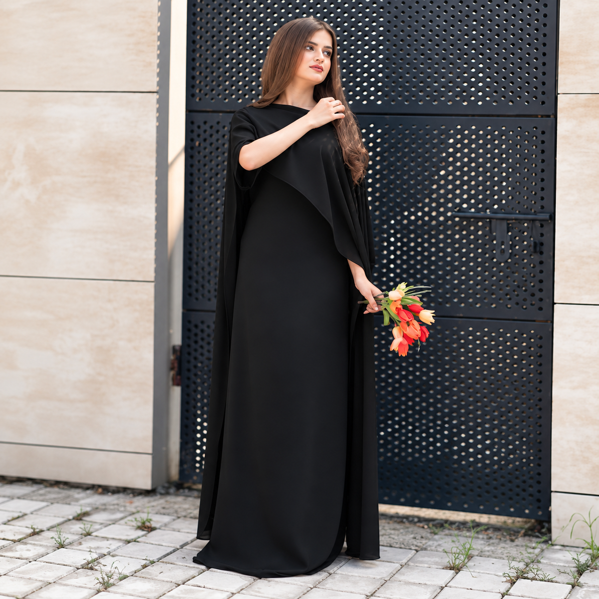 Black Chiffon Cap Shawl Maxi Style (Ready to Wear)
