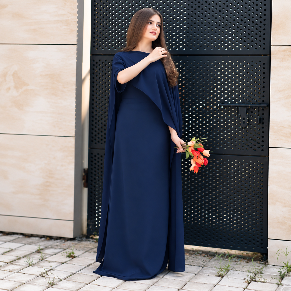 Blue Chiffon Cap Shawl Maxi Style (Ready to Wear)