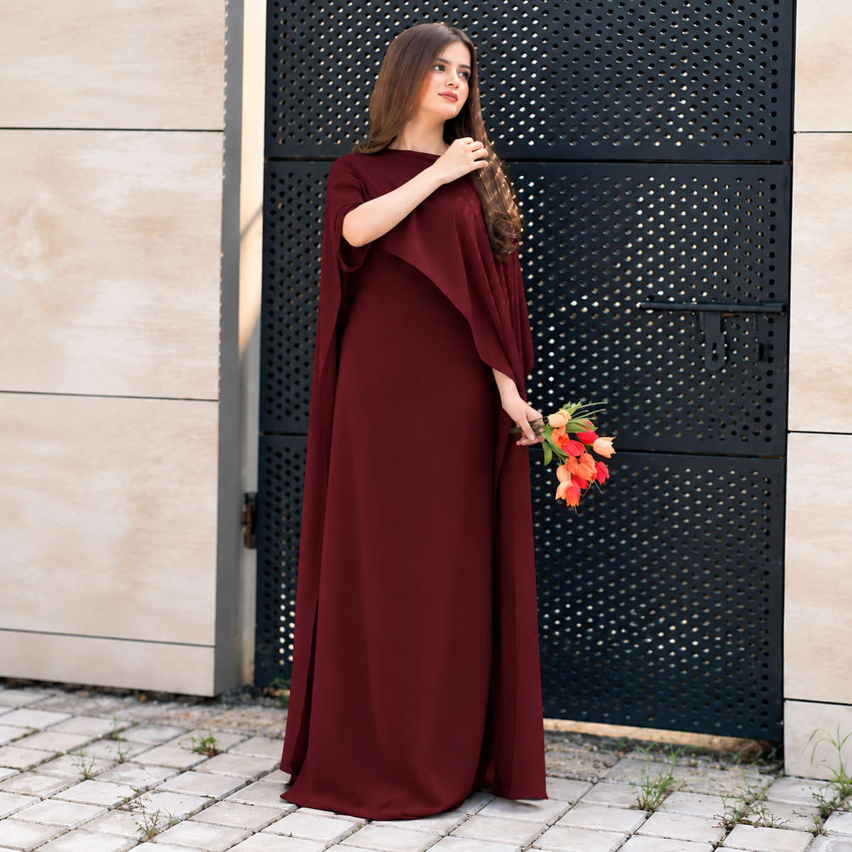 Maroon Chiffon Cap Shawl Maxi Style (Ready to Wear)