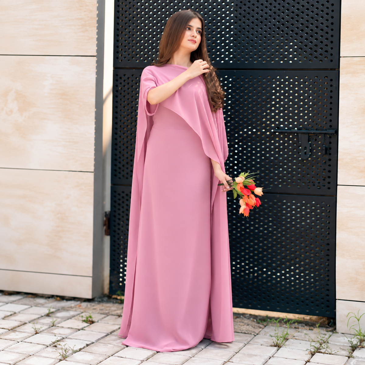 Pink Chiffon Cap Shawl Maxi Style (Ready to Wear)