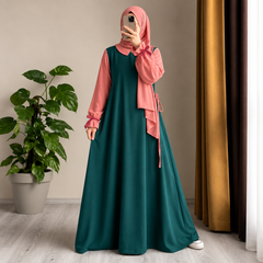 Zink Collar Flared Gathered Puff Sleeves Abaya With Dori Belt And Scarf (Ready to Wear)