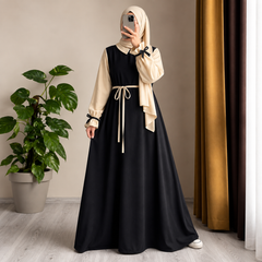 Black Collar Flared Gathered Puff Sleeves Abaya With Dori Belt And Scarf (Ready to Wear)