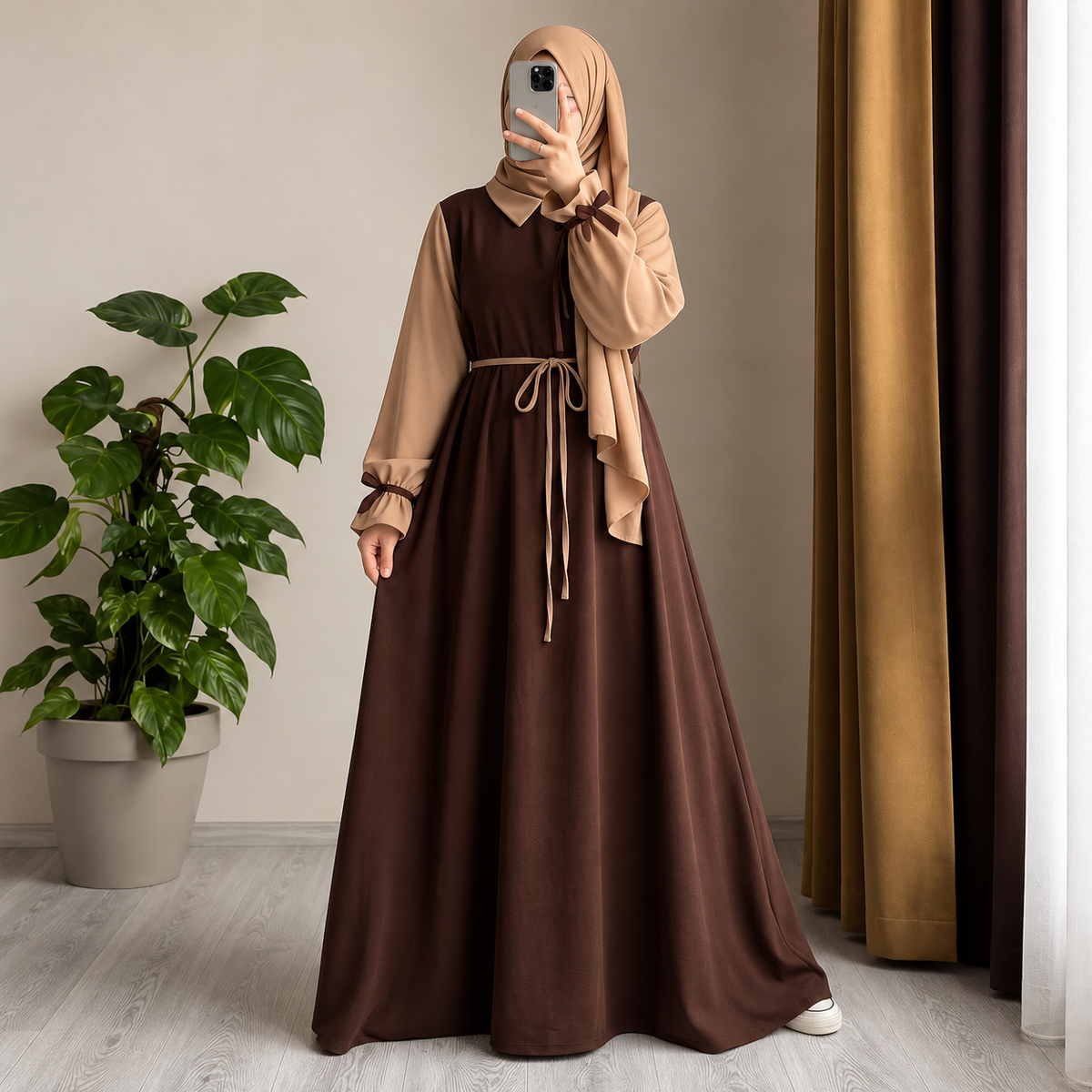Brown Collar Flared Gathered Puff Sleeves Abaya With Dori Belt And Scarf (Ready to Wear)