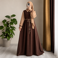 Brown Collar Flared Gathered Puff Sleeves Abaya With Dori Belt And Scarf (Ready to Wear)