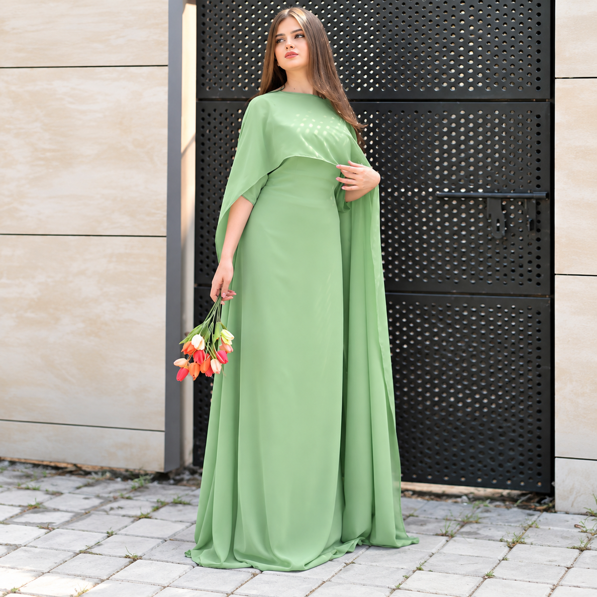 Light Green Chiffon Cap Shawl Maxi Style (Ready to Wear)