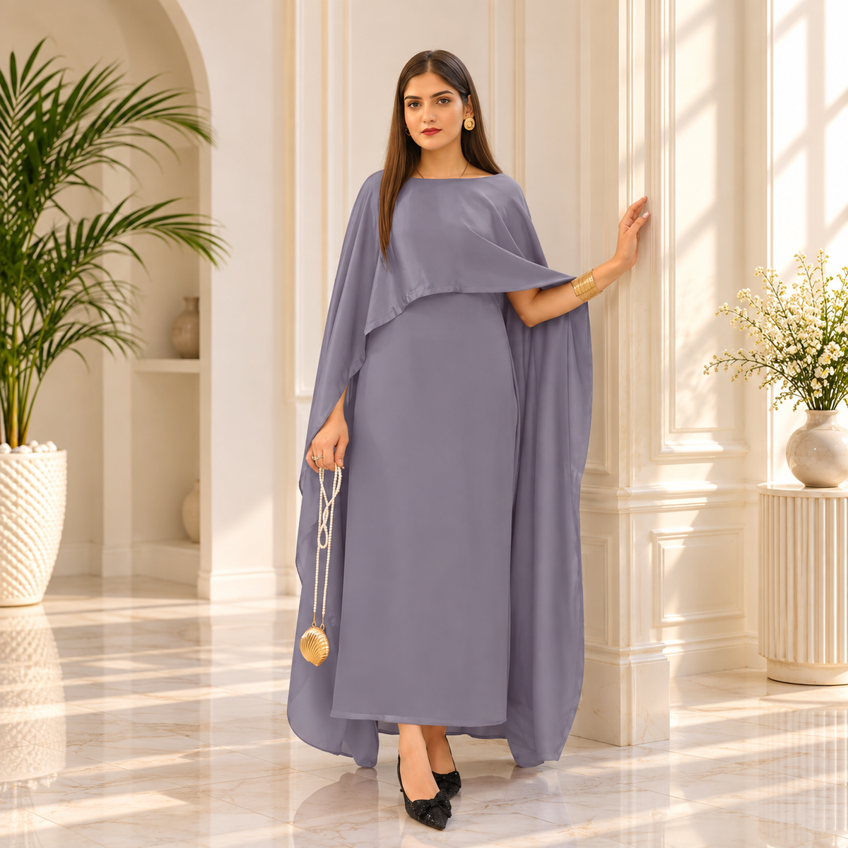 Gray Silk Cap Shawl Maxi Style (Ready to Wear)