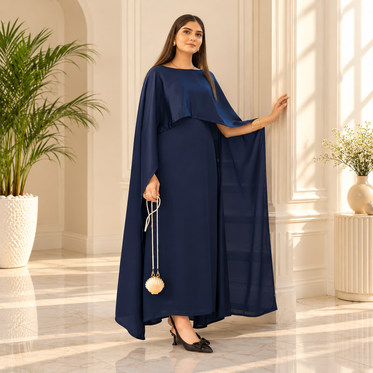 Blue Silk Cap Shawl Maxi Style (Ready to Wear)